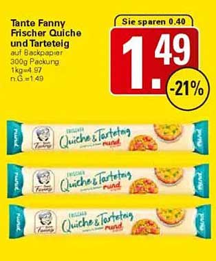Tante Fanny Frischer Quiche und Tarteteig auf Backpapier 300g