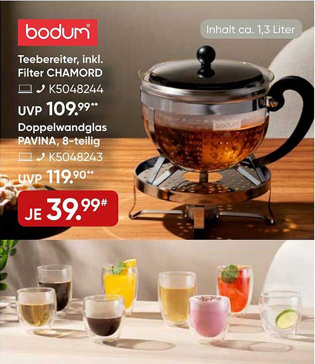 Teezubereiter Bodum Chamord inkl. Filter & Doppelwandglas Pavina, 8-teilig