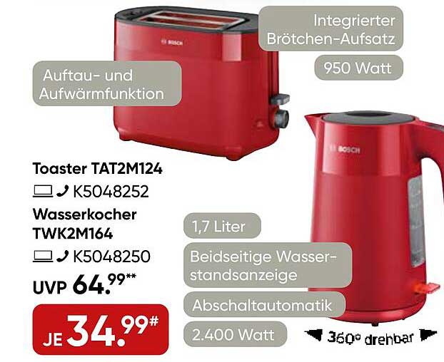 Wasserkocher TWK2M164 und Toaster TAT2M124 von Bosch im Set