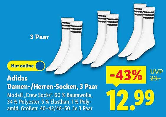 Adidas Damen-/Herren-Socken, 3 Paar
