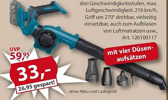 Akku-Blasgerät mit vier Düsenaufsätzen – jetzt nur 33,- EUR!