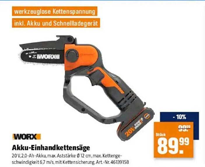 Akku-Einhandkettensäge von WORX - inkl. Akku und Schnellladegerät