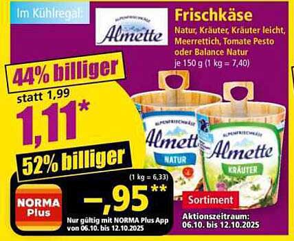 Almette Frischkäse - Natur, Kräuter, Kräuter leicht, Meerrettich, Tomate Pesto oder Balance Natur 150 g