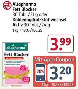 Altapharma Fett Blocker 30 Tbl./21 g oder Kohlenhydrat-Stoffwechsel Aktiv 30 Tbl./24 g