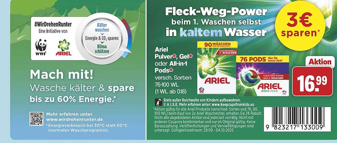 Ariel Fleck-Weg-Power beim 1. Waschen in kaltem Wasser