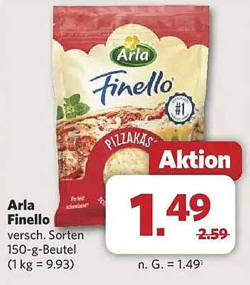 Arla Finello 150-g-Beutel - Pizzakäse Aktion