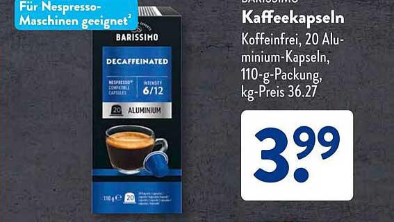 BARISSIMO Kaffeekapseln koffeinfrei, 20 Aluminium-Kapseln