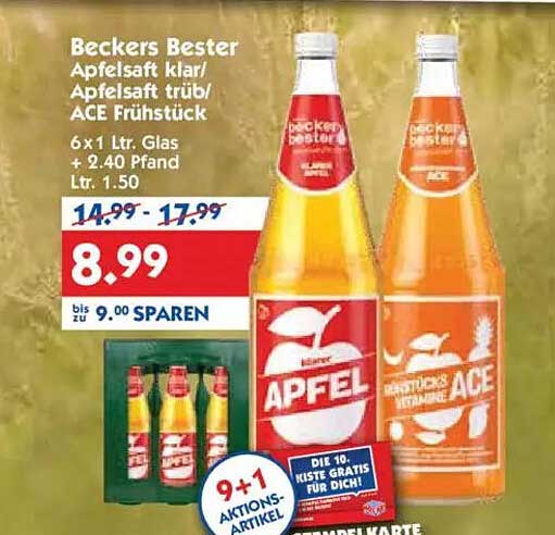 Beckers Bester Apfelsaft klar/Apfelsaft trüb/ACE Frühstück 6x1 Ltr. Glas