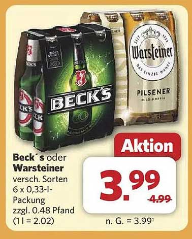 Beck's oder Warsteiner - 6 x 0,33 l Packung