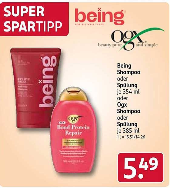 Being Shampoo oder Spülung je 354 ml oder Ogx Shampoo oder Spülung je 385 ml