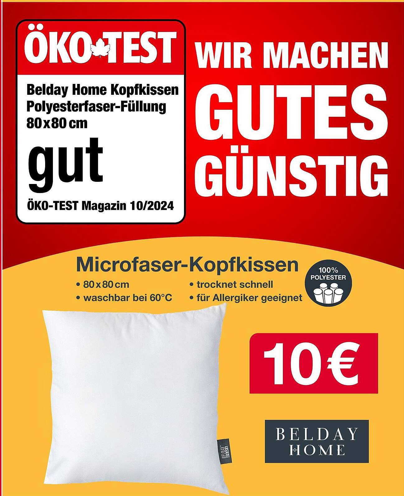 Belday Home Kopfkissen mit Polyesterfaser-Füllung 80x80 cm