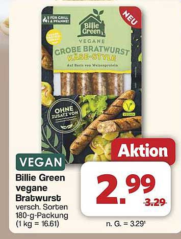 Billie Green vegane Bratwurst Käsestyle, 180-g-Packung