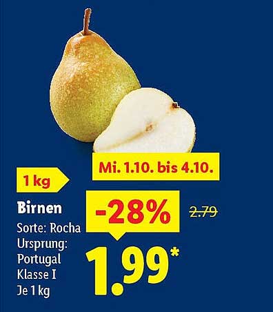 Birnen Sorte: Rocha, Herkunft Portugal - 1 kg für nur 1,99 €