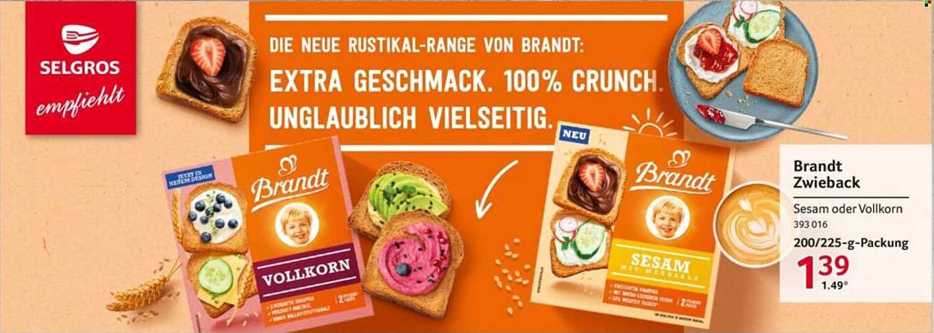 Brandt Zwieback Sesam oder Vollkorn 200/225-g-Packung