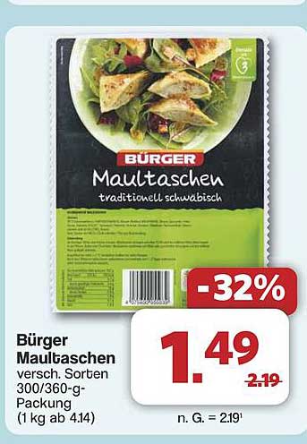 Bürger Maultaschen verschiedene Sorten 300/360-g-Packung