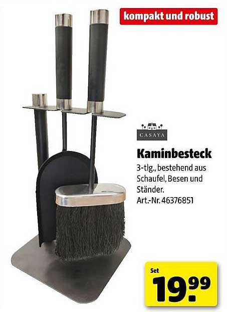 CASAIA Kaminbesteck 3-tlg. - inklusive Schaufel, Besen und Ständer