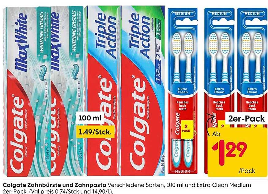 Colgate Zahnbürste und Zahnpasta verschiedene Sorten, 100 ml und Extra Clean Medium 2er-Pack