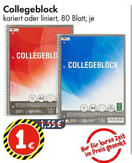 Collegeblock kariert oder liniert, 80 Blatt, je