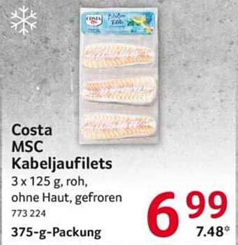 Costa MSC Kabeljaufilets 3 x 125 g, roh, ohne Haut, gefroren