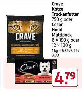 Crave Katze Trockenfutter 750 g oder Cesar Hund Multipack 8 x 150 g oder 12 x 100 g