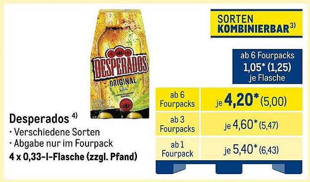 Desperados Bier - 4 x 0,33 l - Fourpack