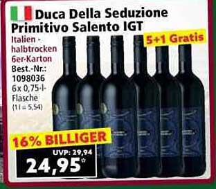 Duca Della Seduzione Primitivo Salento IGT – 5+1 Gratis