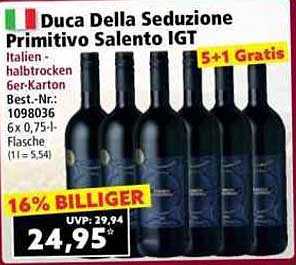 Duca Della Seduzione Primitivo Salento IGT - 6er-Karton mit Gratis-Flasche