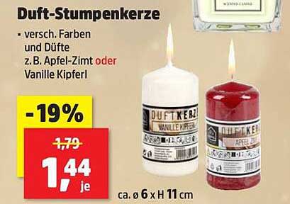 Duft-Stumpenkerze - verschiedene Farben und Düfte wie Apfel-Zimt oder Vanille Kipferl