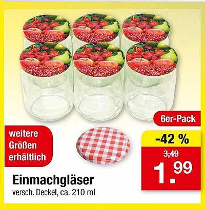 Einmachgläser 6er-Pack, verschiedene Deckel, ca. 210 ml