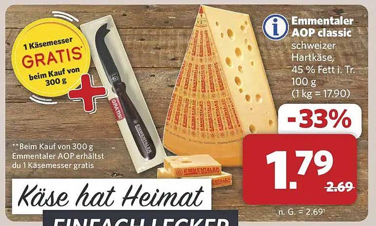Emmentaler AOP classic - Schweizer Hartkäse 300g zum Sparpreis!