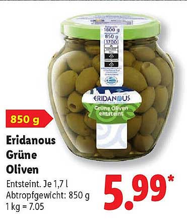 Eridanous Grüne Oliven 850 g