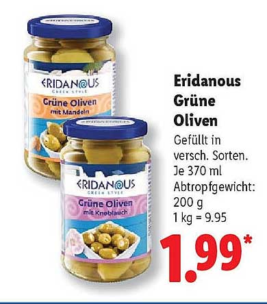 Eridanous Grüne Oliven mit Mandel oder Knoblauch - 370 ml