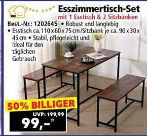 Esszimmertisch-Set mit 1 Esstisch & 2 Sitzbänken