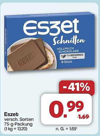 Eszet Schnitten Vollmilch Schokolade 75-g-Packung