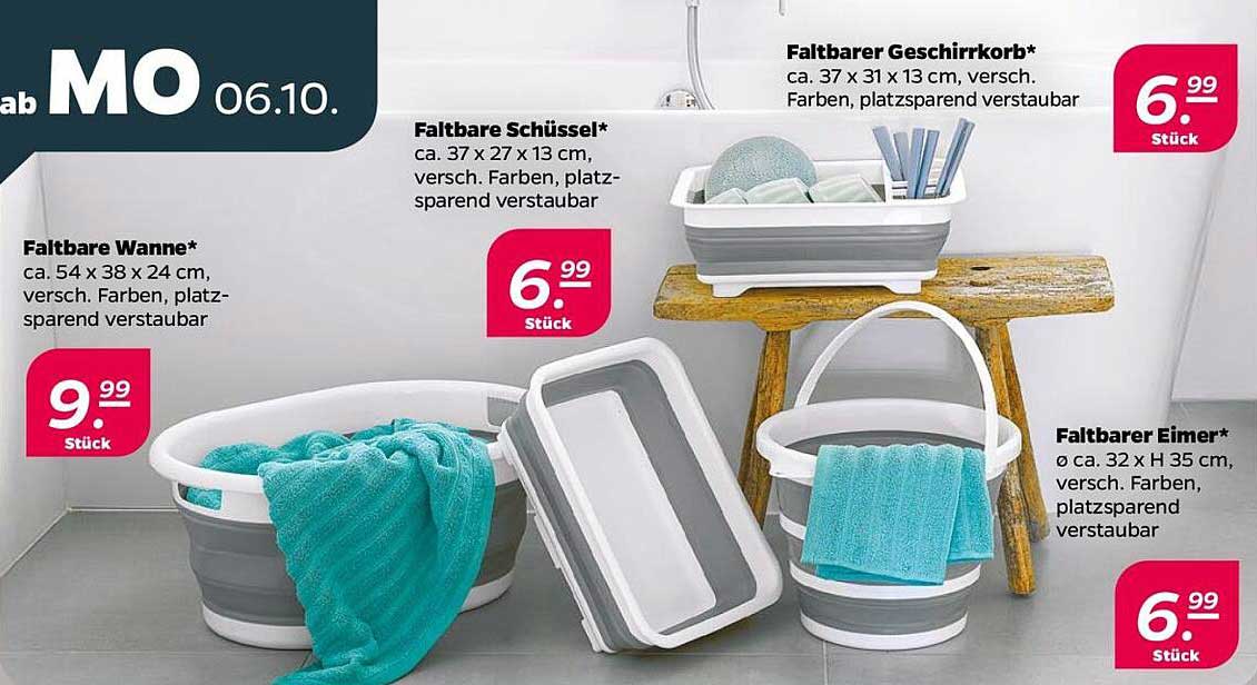 Faltbare Wanne, Faltbarer Eimer, Faltbarer Geschirrkorb und Faltbare Schüssel im NETTO-Prospekt