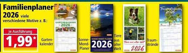 Familienplaner 2026 - viele verschiedene Motive z. B.: Gartenkalender, Sonne-Mond-Planer, Tiere aus aller Welt, Traumstrände