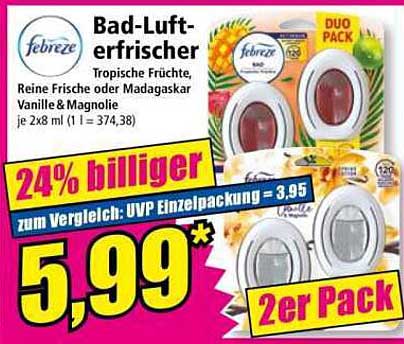 Febreze Bad-Lufterfrischer Tropische Früchte, Reine Frische oder Madagascar Vanille & Magnolie - 2er Pack
