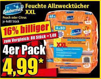 Feuchte Allzwecktücher XXL - Saubermax, Peach oder Citrus, 4er Pack