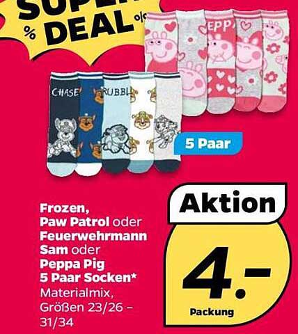 Frozen, Paw Patrol oder Feuerwehrmann Sam oder Peppa Pig 5 Paar Socken
