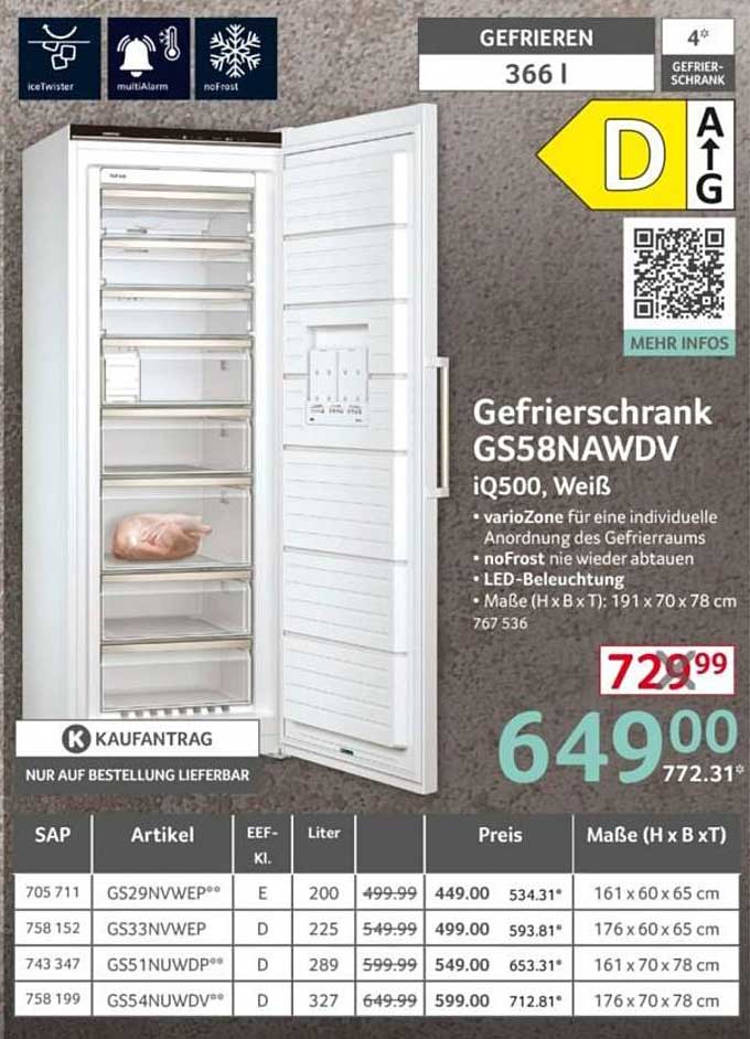Gefrierschrank GS58NAWDV iQ500, Weiß