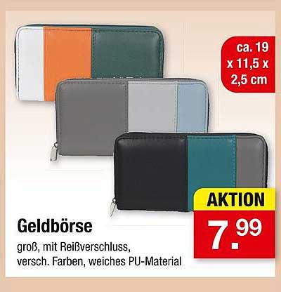 Geldbörse groß mit Reißverschluss in verschiedenen Farben aus weichem PU-Material