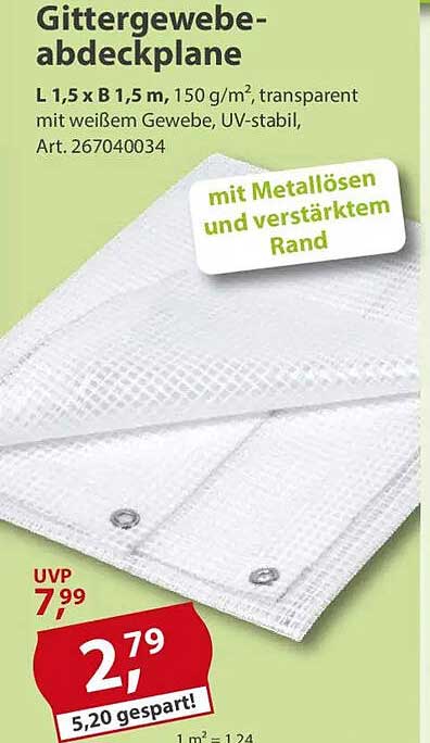 Gittergewebeabdeckplane 1,5 x 1,5 m, transparent mit weißen Gewebe
