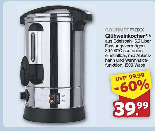 GOURMETmaxx Glühweinkocher, Edelstahl, 6,5 Liter, 1500 Watt