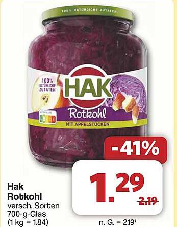 Hak Rotkohl mit Apfelstücken 700-g-Glas