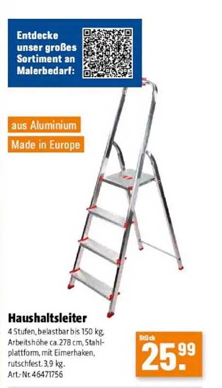 Haushaltsleiter aus Aluminium – 4 Stufen, belastbar bis 150 kg