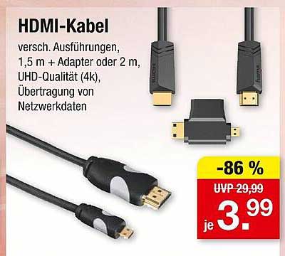 HDMI-Kabel - verschiedene Ausführungen, 1,5 m + Adapter oder 2 m, UHD-Qualität (4k), Übertragung von Netzwerkdaten