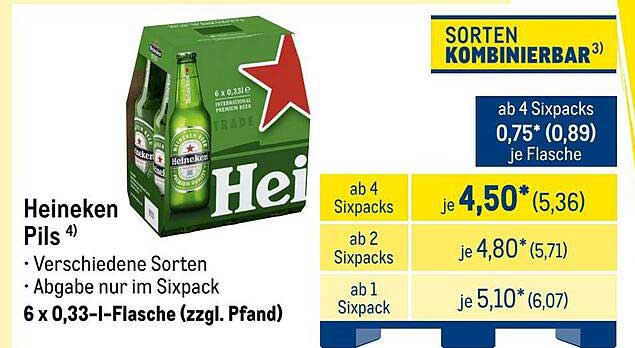 Heineken Pils 6 x 0,33 l-Flasche (zzgl. Pfand)