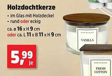 Holzdochtkerze im Glas mit Holzdeckel, rund oder eckig