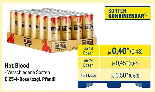 Hot Blood Energy - Verschiedene Sorten, 0,25-l-Dose (zzgl. Pfand)