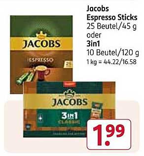 Jacobs Espresso Sticks 25 Beutel/45 g oder 3in1 10 Beutel/120 g